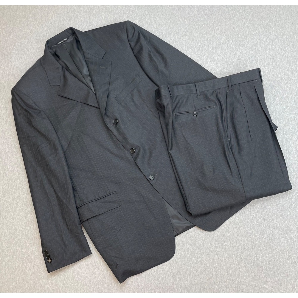 Canali Suit Mens 44L Pinstripe 100% Wool 3-Button Pants Pleated 38x32 - 2 Pcs